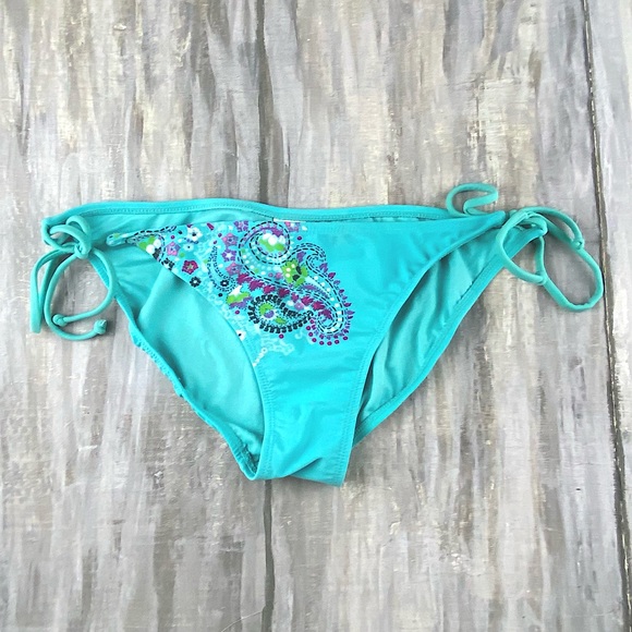 Xhilaration Boho Bikini Bottom Aqua Teal Floral Paisley Side Tie String Bikini L - Picture 2 of 10